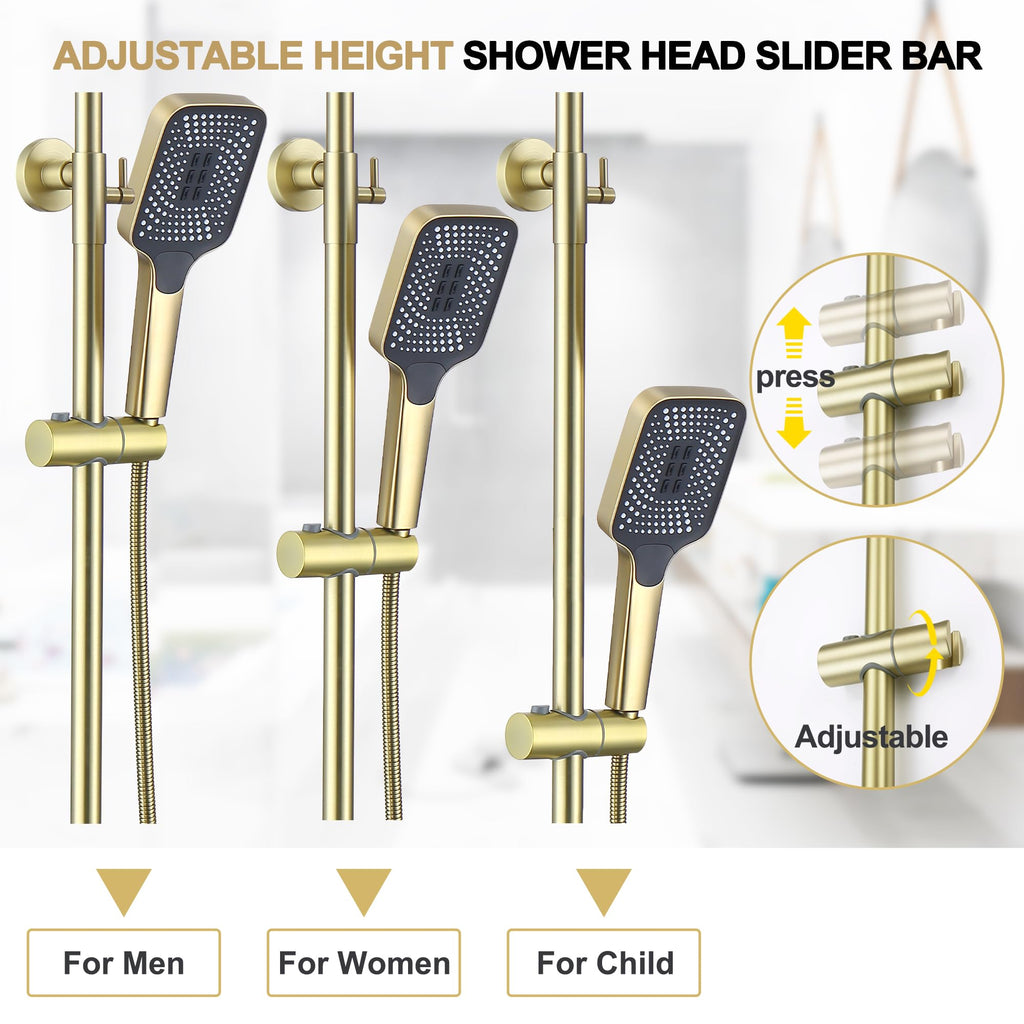 Shower Systems with 12 x8 Inches Rain Shower Head,Brushed Gold Exposed Pipe Shower System,3 Functions Tub Shower