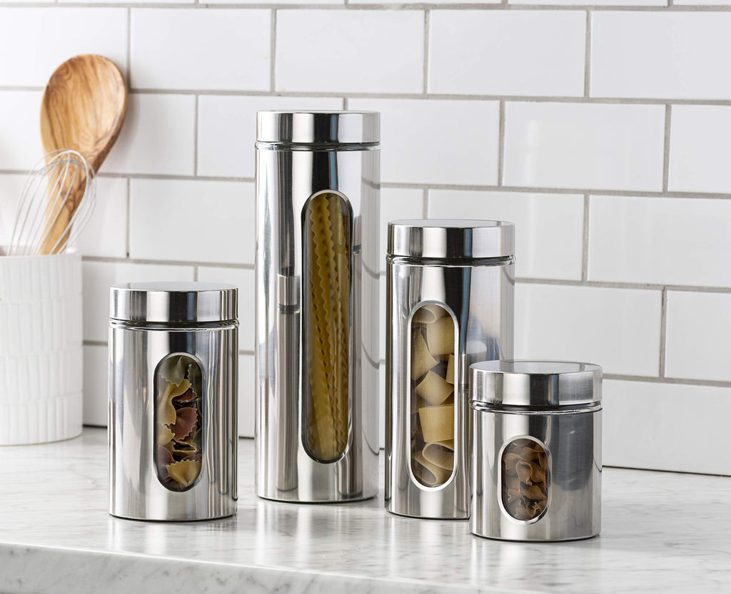 Quality 4pc Stainless Steel Canister Set Counter with Glass Window & Airtight Lids, Food Storage Containers, Pantry