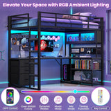 Twin Loft Bed with L-Shaped Gaming Desk, Storage Drawers & Hutch, Expanded Safety Power Outlet