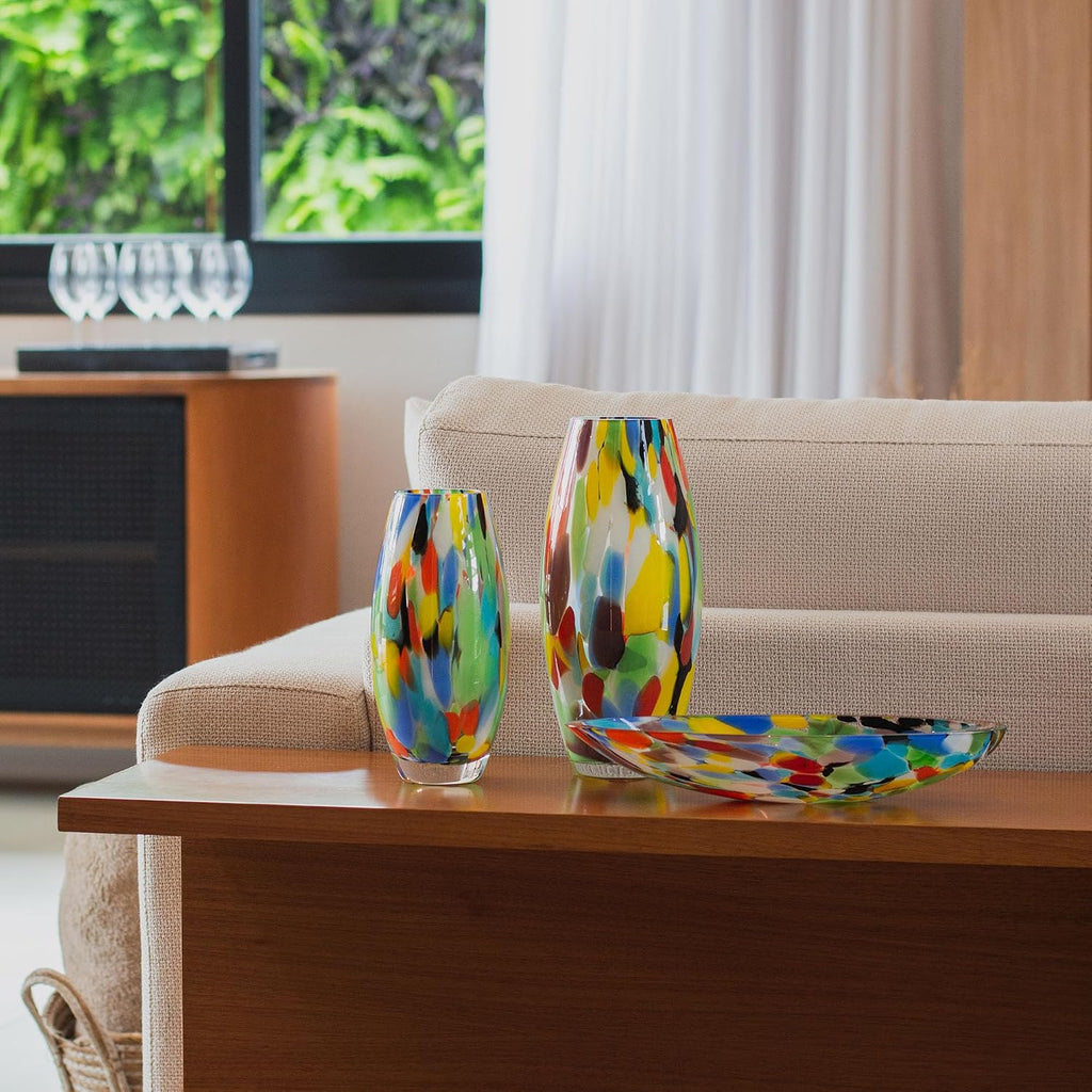 Murano Style Art Glass Vase Hand Blown Colorful Confetti Effect Home Decor | Hand Blown Glass Vase, Decorative Table