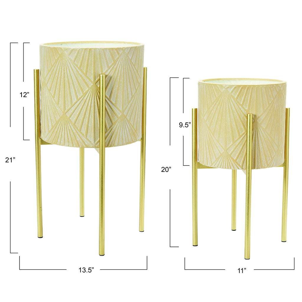 Modern Boho Embossed Metal Planters with Stands, Cream and Gold, Set of 2 Sizes