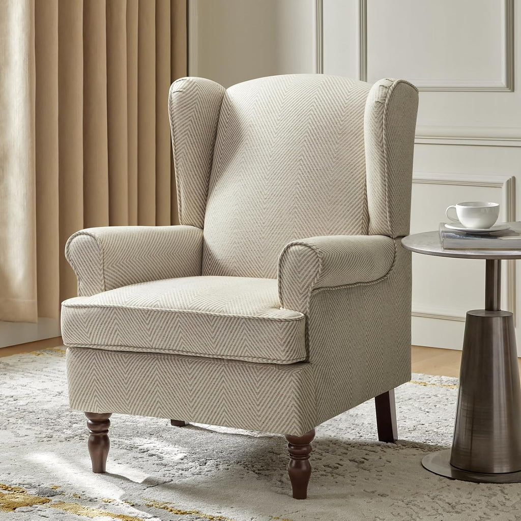 Wingback Accent Chair with Retro Wooden Legs, Traditional Fabric Armchair Bedroom, Comfy Upholstered Single Sofa