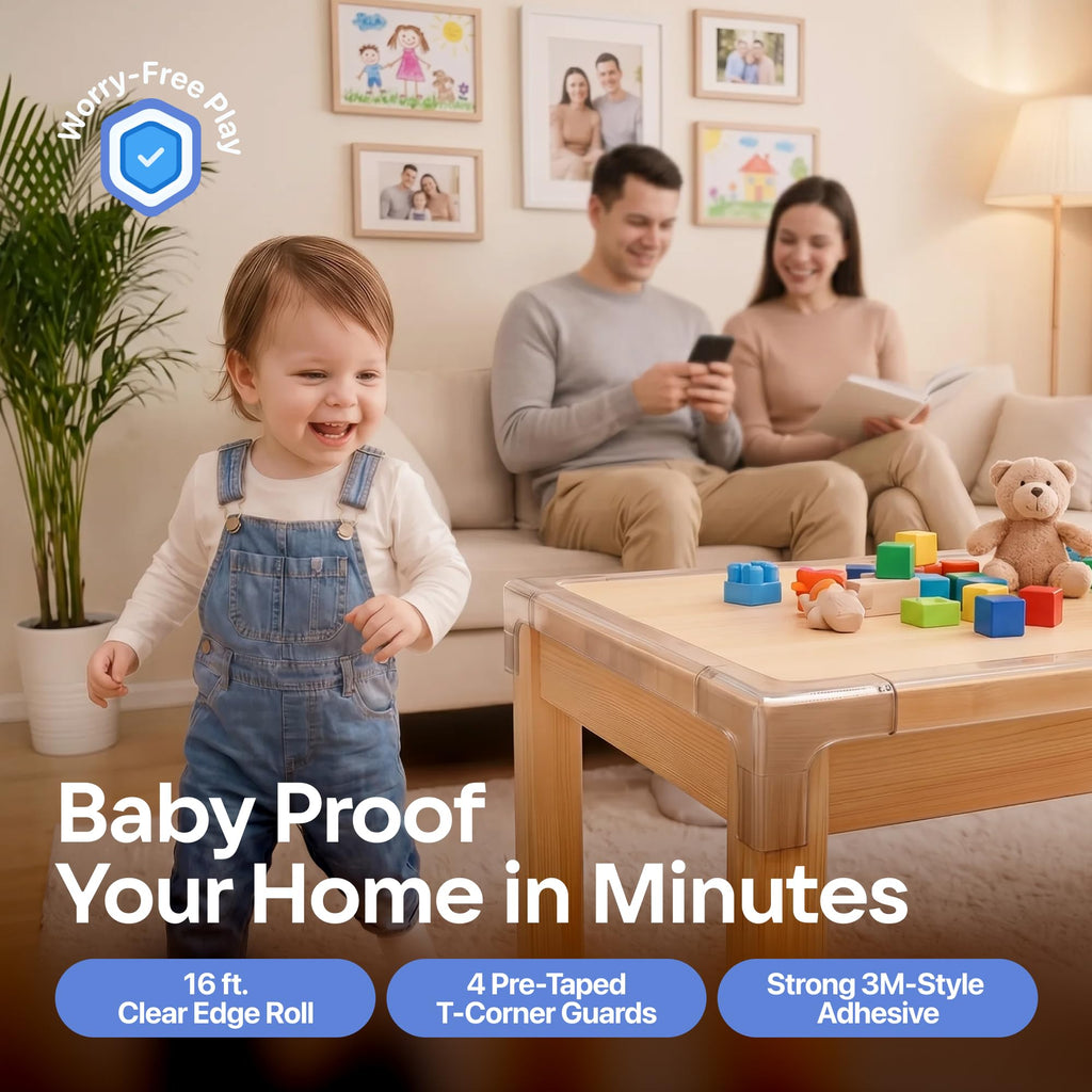 Furniture Corner & Edge Safety Bumpers, 16ft Edge Protector & 4 Clear Corner Protector Baby Proofing. Clear Corner