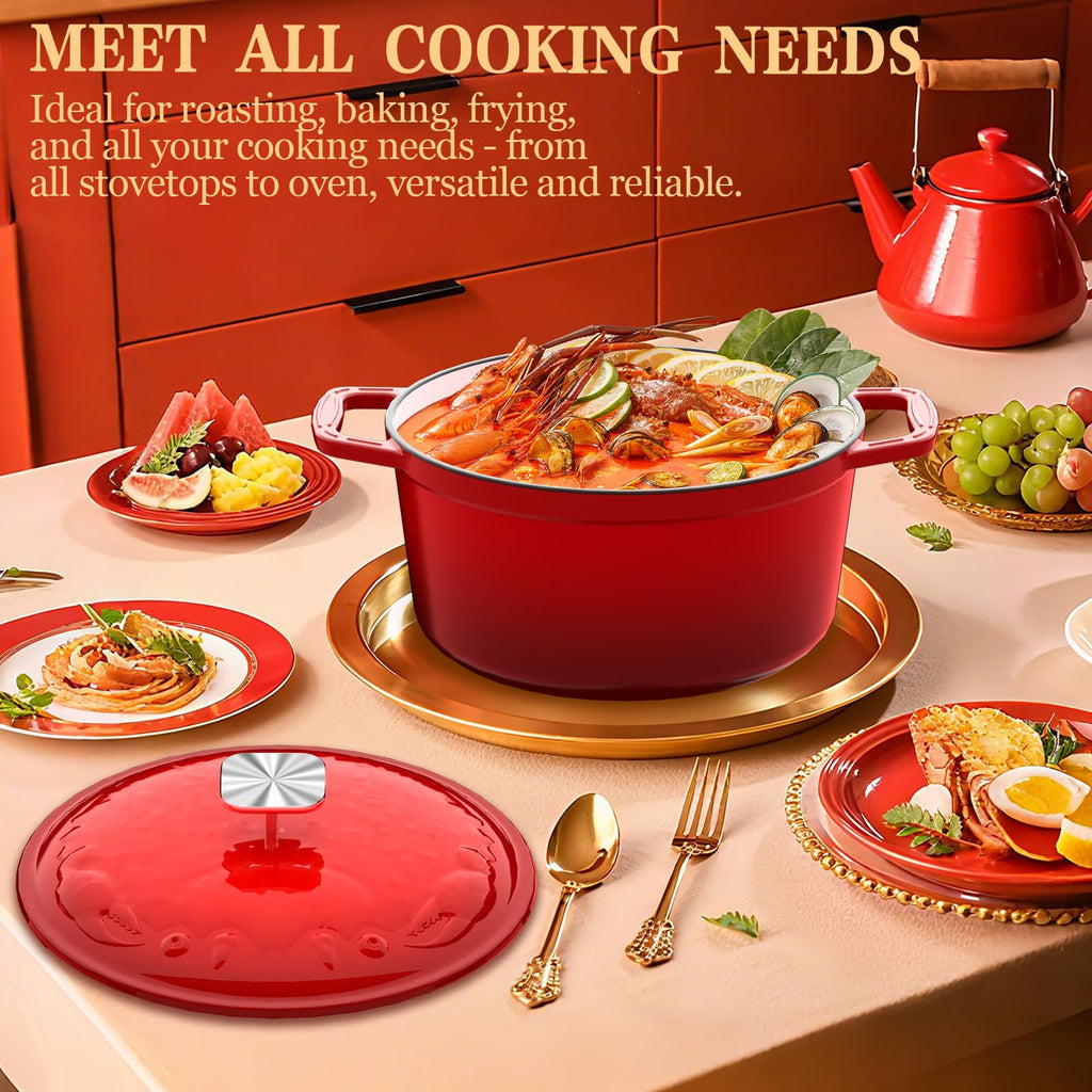 Enameled Cast Iron Dutch Oven - 5 Quart, Crab Lid (Patented), Oversized Knob, for Bread Baking Braiser, Cooking Stock