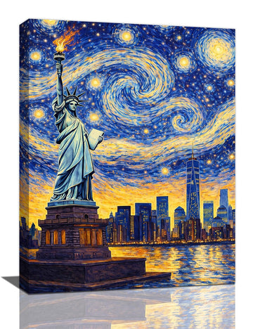 York City Wall Statue of Liberty Wall Decor Starry Night Canvas Painting Pictures Bedroom Living Room 16"x20"