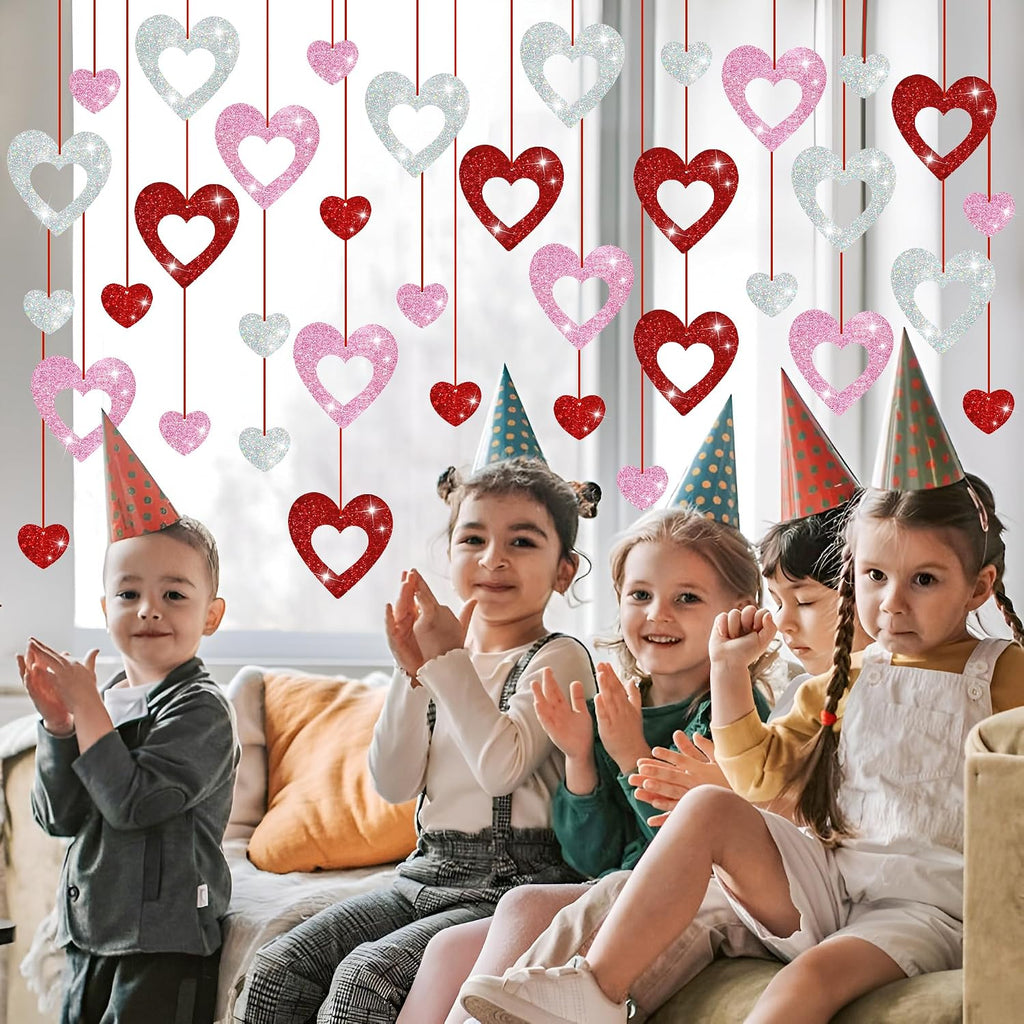 Valentine's Day Decorations, Glitter Heart Hanging Swirls - Set of 36