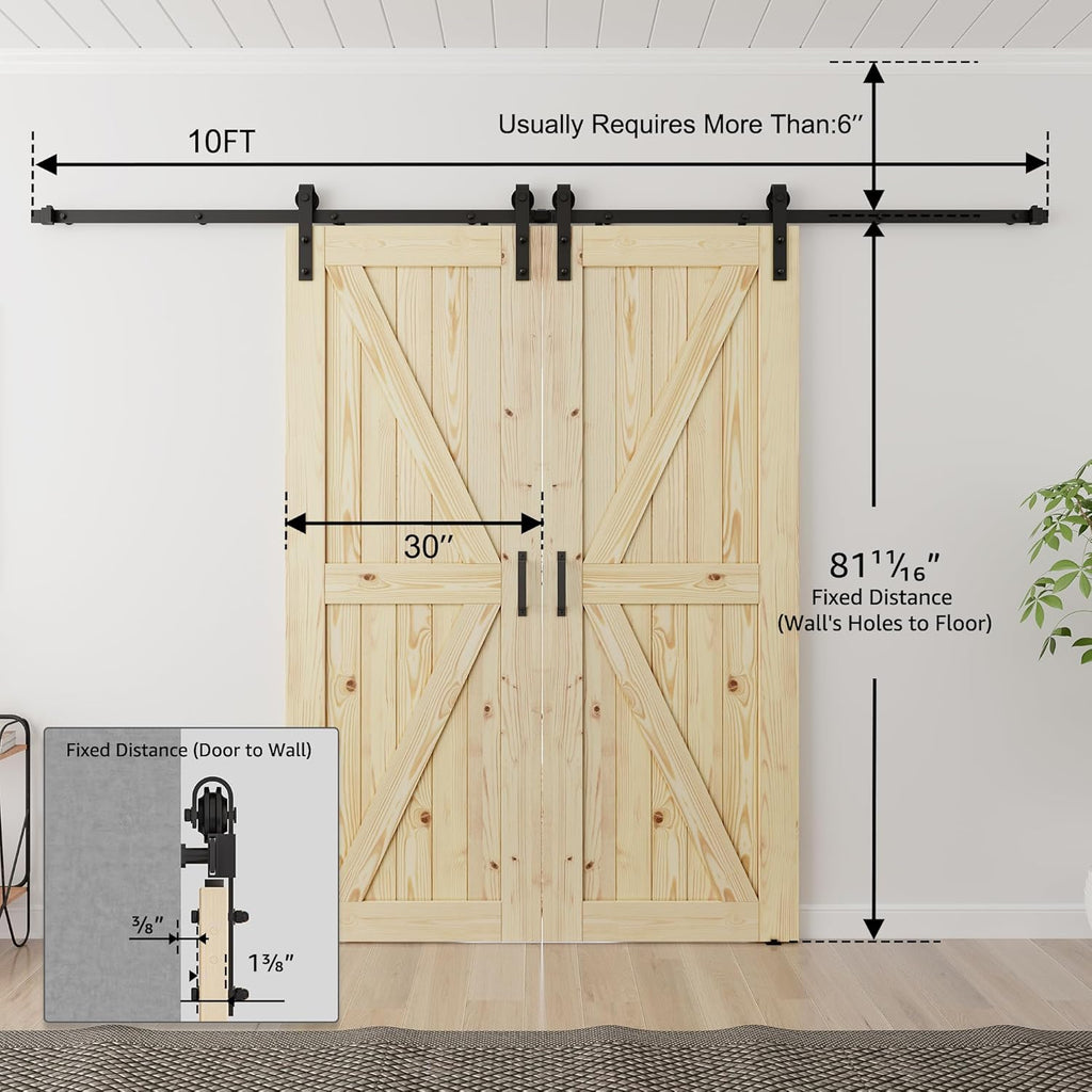 30x80 inch Double Barn Door with 10ft Sliding Barn Door Hardware Kit Included, Unfinished Solid Spru