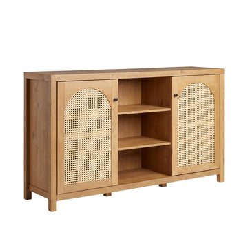 Sasha 2-Door Sideboard Buffet with Arched Rattan Panels, 58 Inch, English Oak