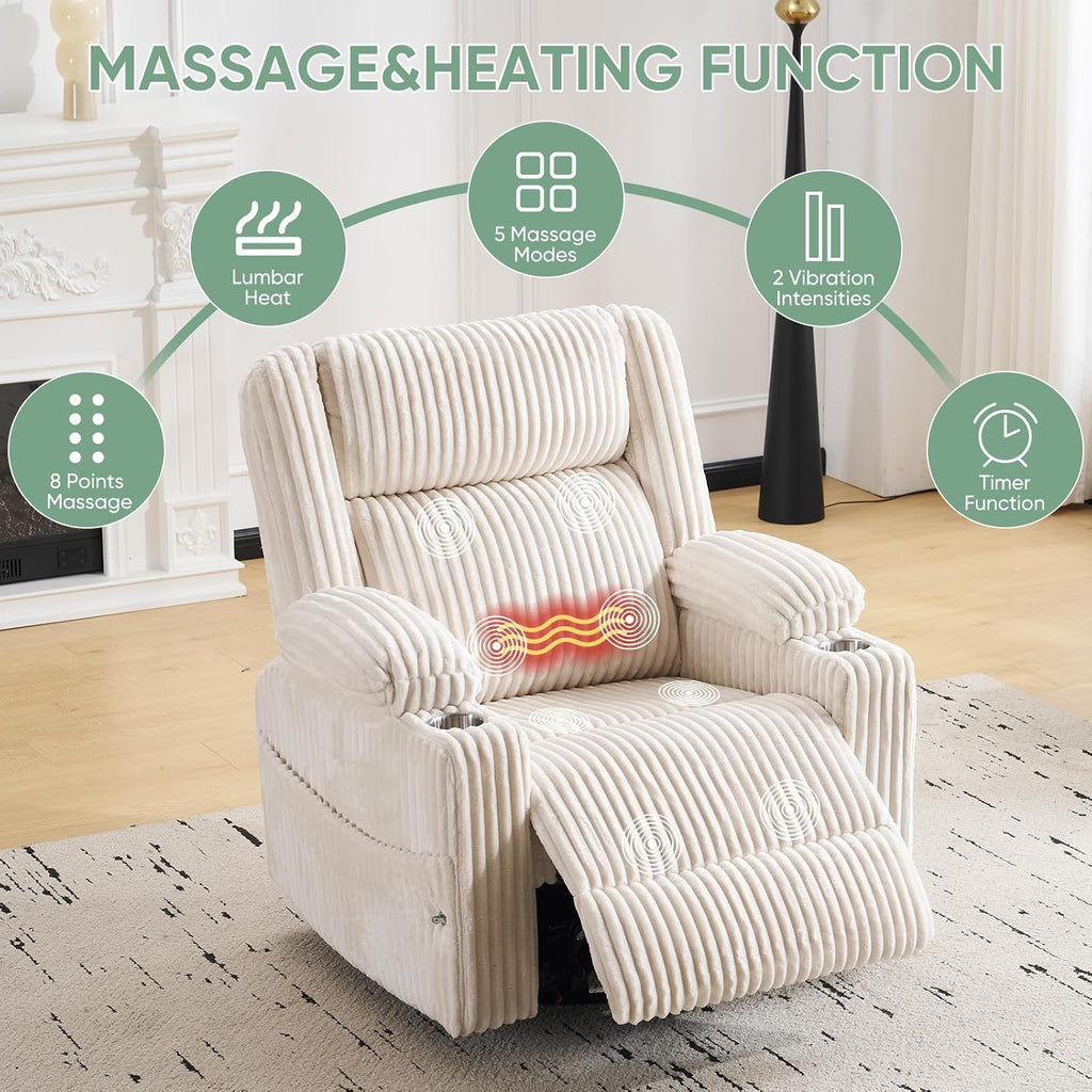 Power Recliner Chair with Massage and Heat, Oversized Swivel Rocker Recliner for Adults with Adjustable Headrest
