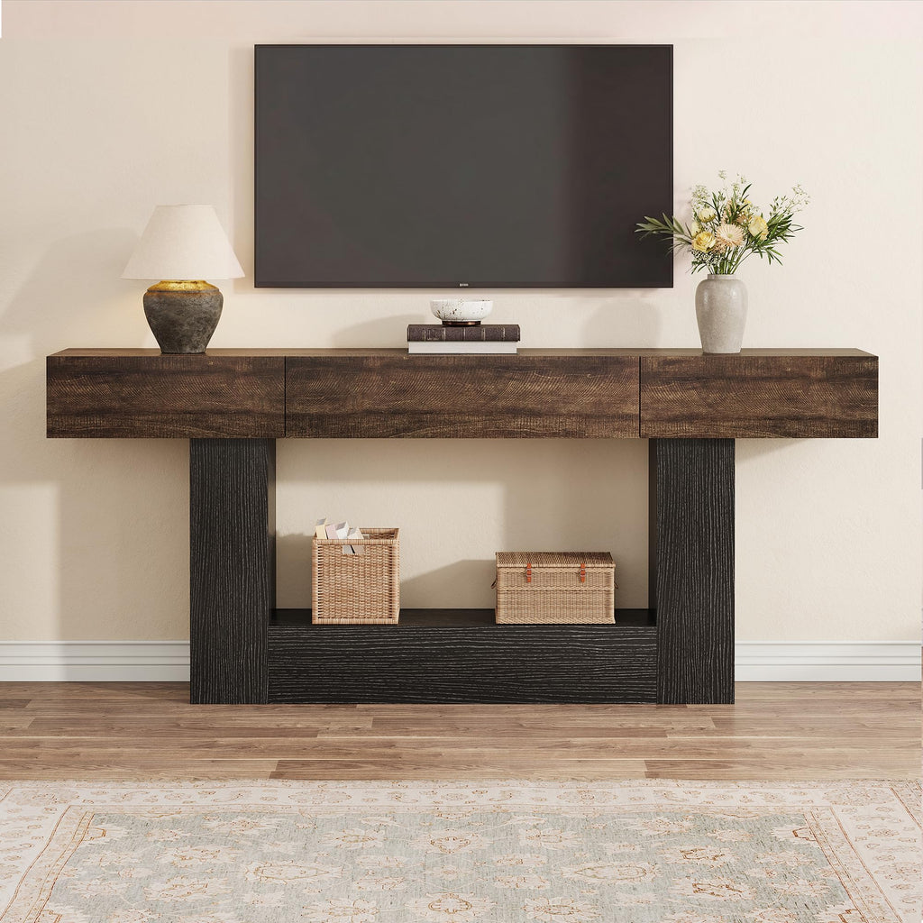 79" Long Farmhouse Console Table w 3 Storage Drawers, 2-Tier Entryway Table