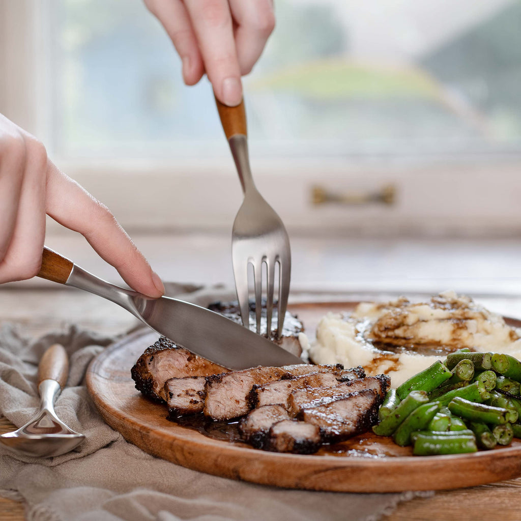 Flatware Silverware Cutlery Set, Stainless Steel, Teak Wood Dining Utensils, Eating Dinnerware Dansk