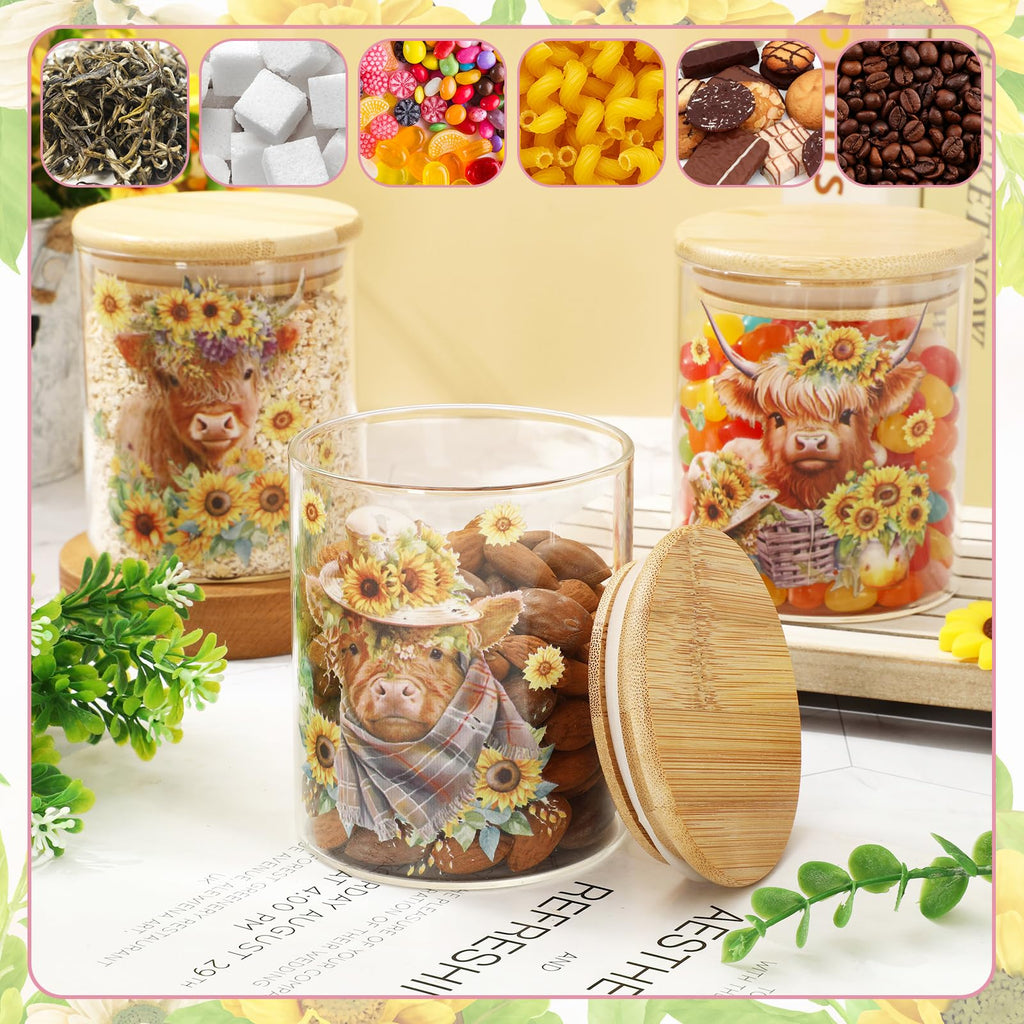 3Pcs Highland Cow Sunflower Glass Storage Jars With Airtight Lid Cattle Floral Decorative Canisters Sets for Cookie