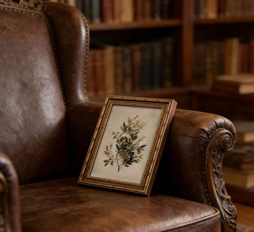 Vintage Olive Branch Botanical Framed Wall Art, Retro Gold Frame Rustic Greenery Canvas Print, Farmhouse Decor