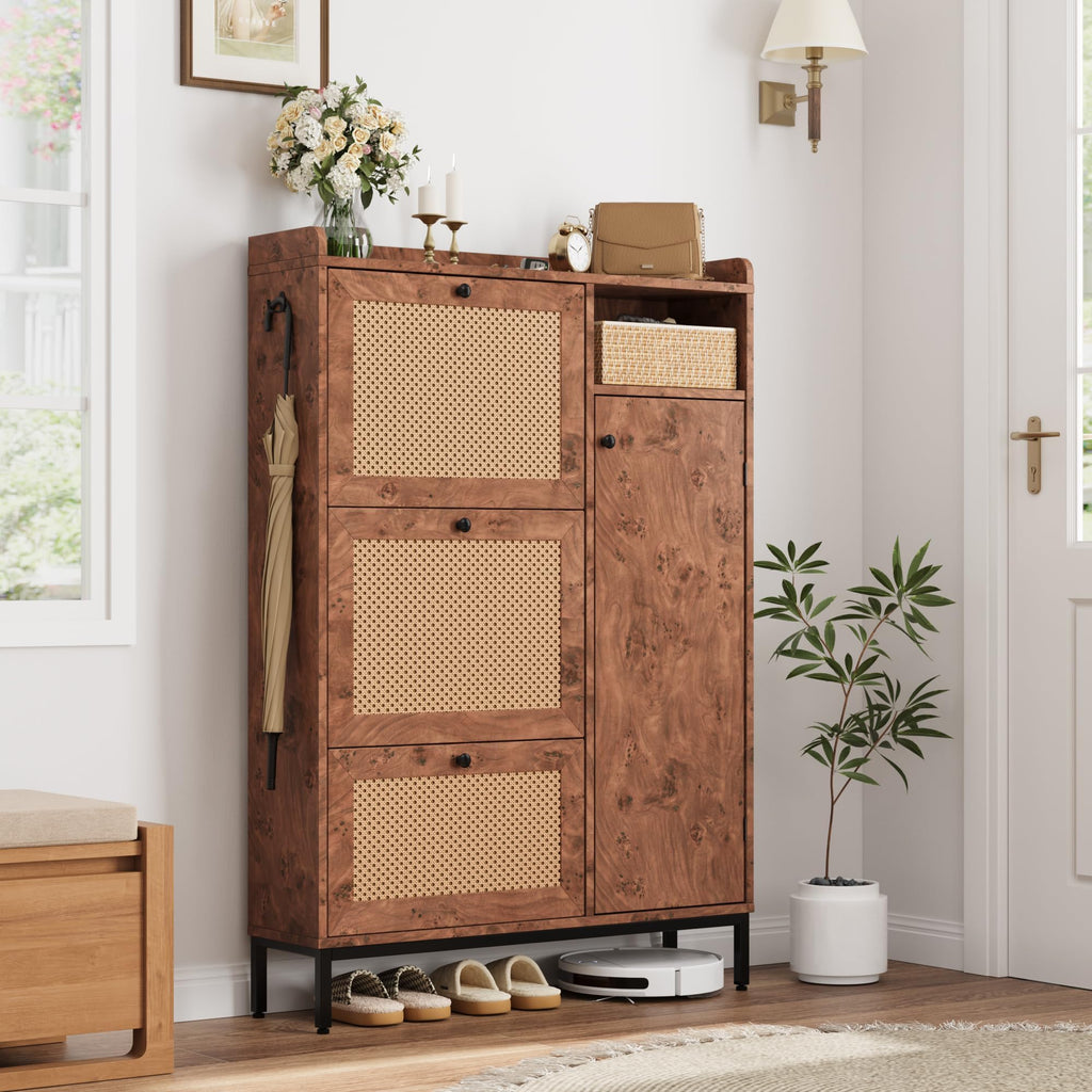 Shoe Cabinet Rattan with 3 Flip Drawers