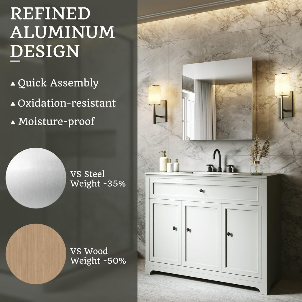 24 x 26 in Medicine Cabinet with Mirror and Side Panels, Silver | Surface or Recessed Medicine Cabinet Mirror with