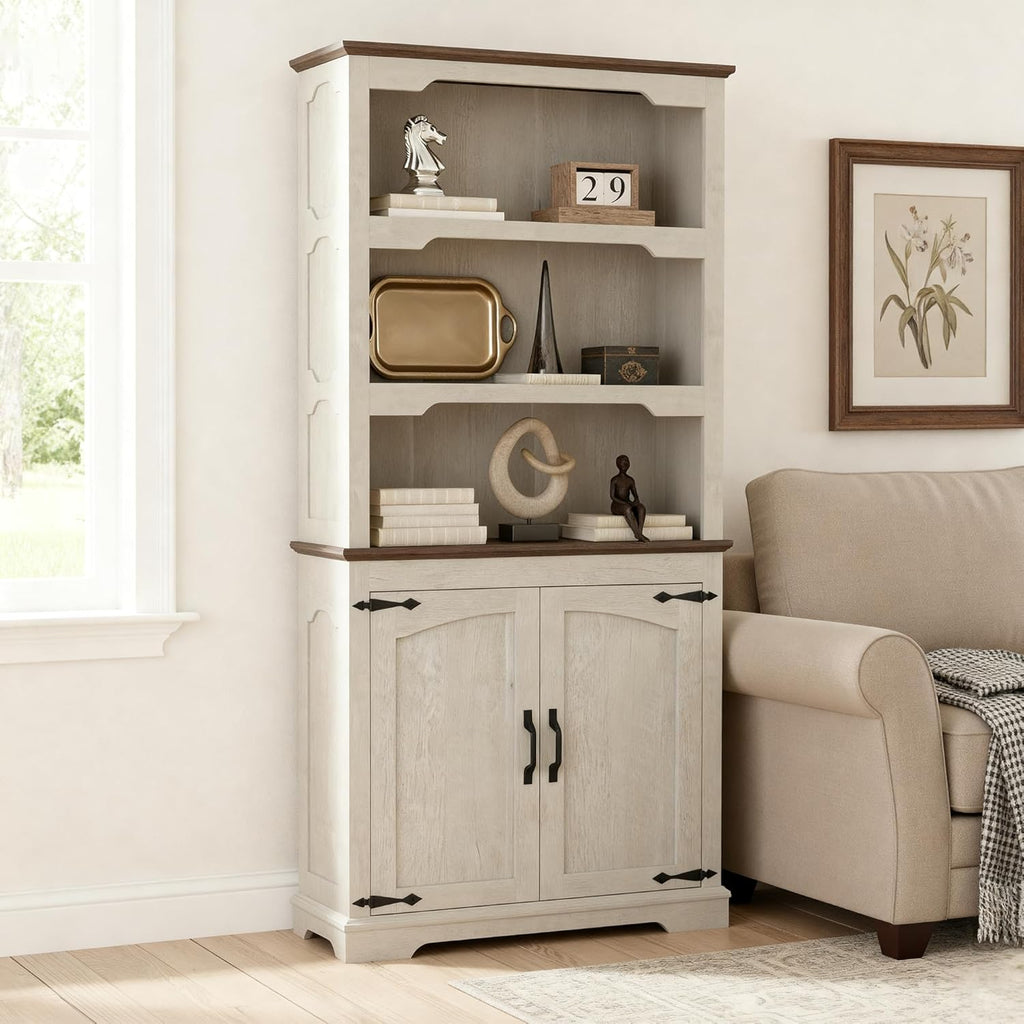 70 Inches Farmhouse Bookcase Bookshelf, Two-Tone Shelves, 5 Tier Bookshelf with Door Storage Arched Trim