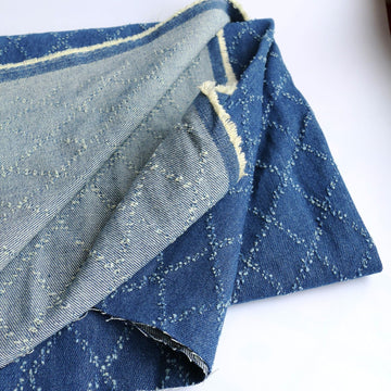12oz Sky Blue Washed Denim Fabric, Non-Stretch Denim Material, Geometric Check Prism Pattern, 420gsm 100% Cotton, 70