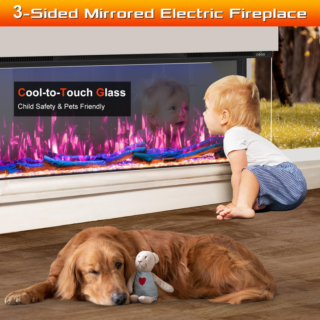 71 inch 3 Sided 3D Mirrored Electric Fireplace Inserts, Smart WiFi Built-in Linear Fire Place Heater 1500/750W with