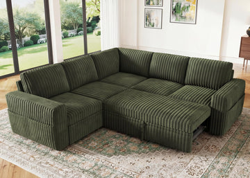 Corduroy L Shaped Sectional Sleeper Sofa with Pull Out Bed, Green
