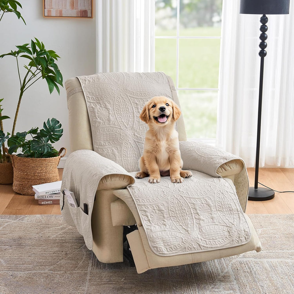Beige Quilted Recliner Chair Covers, Water-Repellent Recliner Slipcovers, Lazy Boy Chair Covers, Pet Friendly