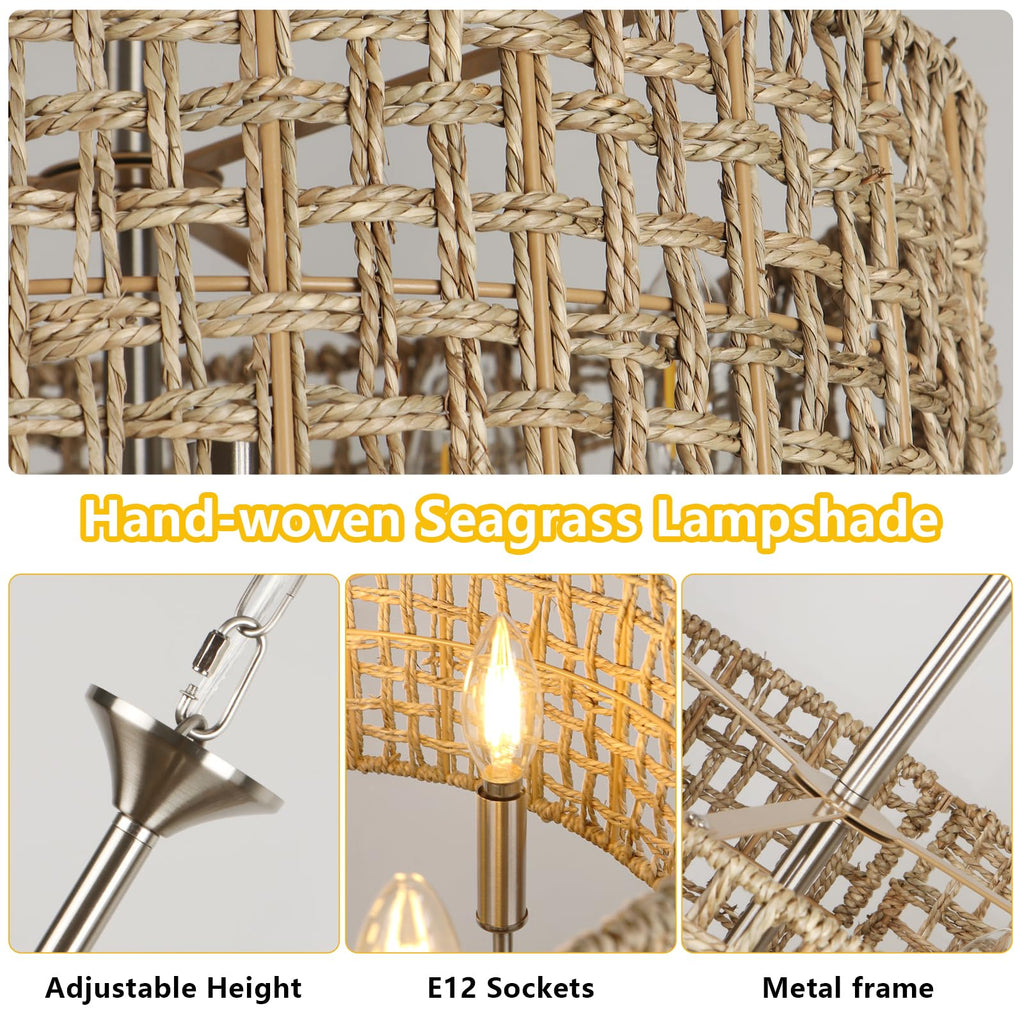 17.7" Brushed Nickel Rattan Chandelier, 6-Light Boho Wicker Light Fixture