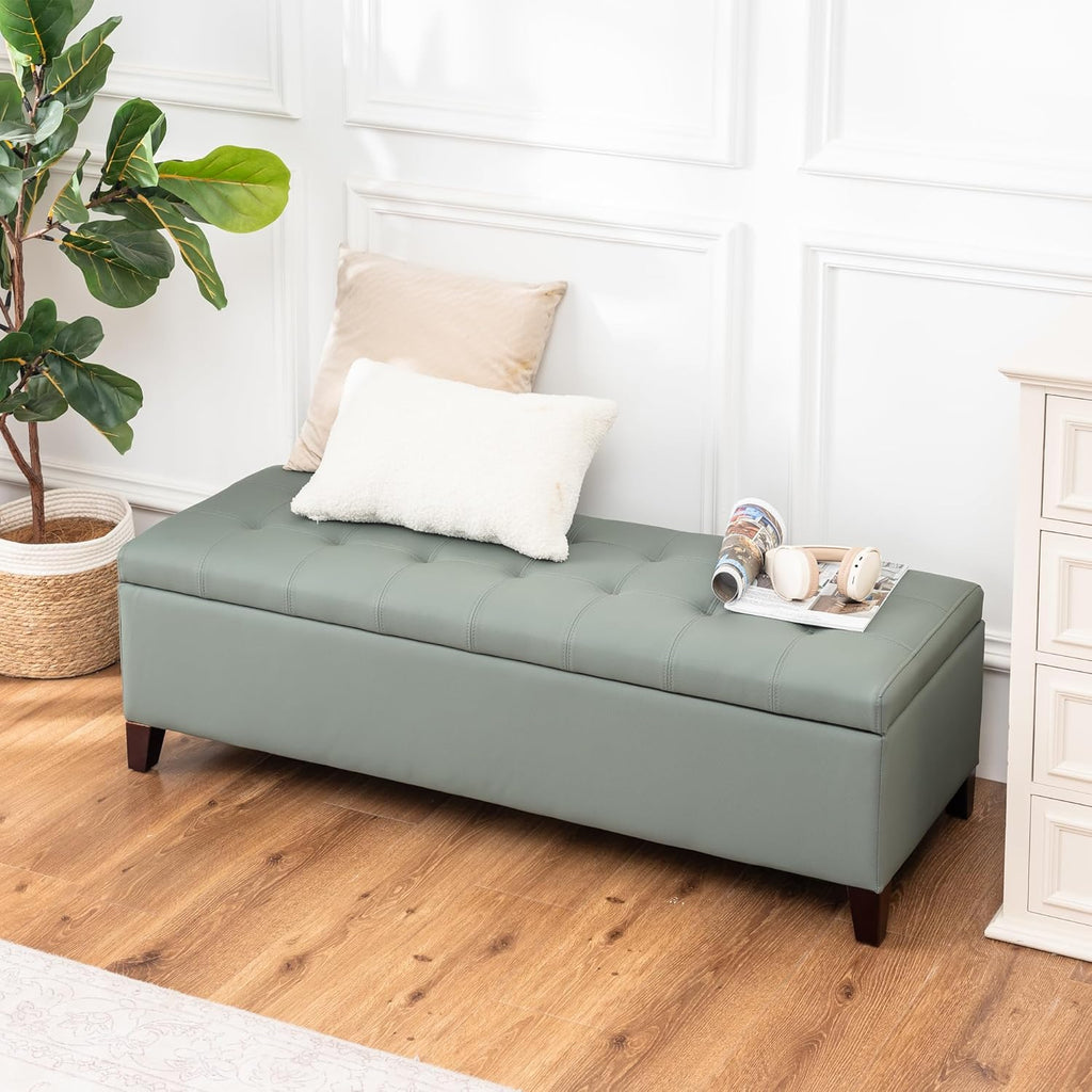Ottoman with Storage, 51 Inch End of Bed Storage Bench, Faux Leather Upholstered Ottomans with Hinged Lid, Rectangle