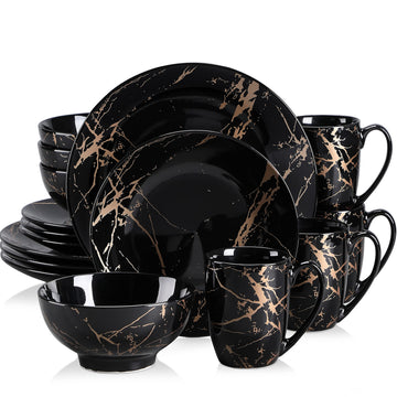 Black Plates and Bowls Sets for 4, Porcelain Dinnerware Sets 16 Piece Gold Splash Glaze Ceramic Dish Set, Round