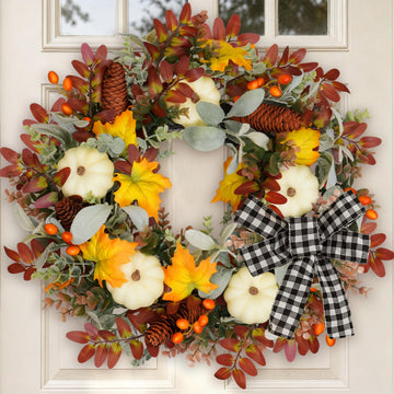 22 Inch Fall Wreath for Front Door with Artificial Pumpkin Bow