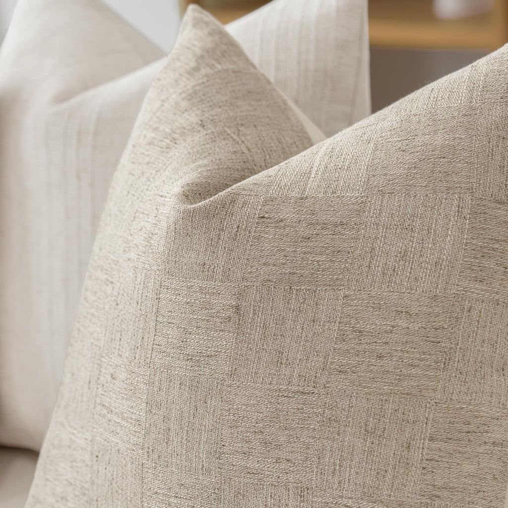 Decorative Neutral Check Throw Pillow Covers 20x20, Linen Check