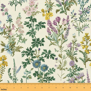 Boho Petals Fabric By The Yard, Plant Hand-Drawn Indoor Outdoor Fabric, Chic Green Beige Upholstery Fabric, Garden