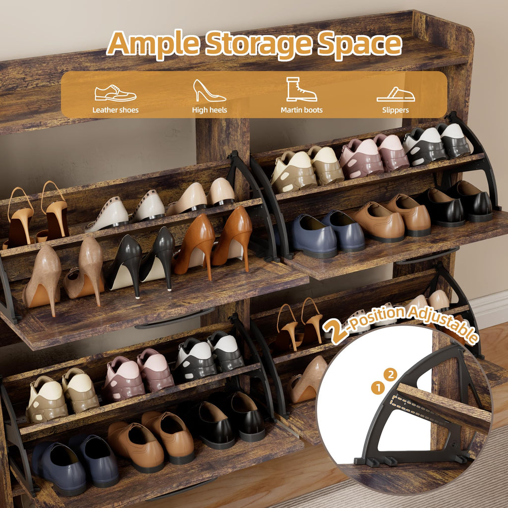 Farmhouse Shoe Storage Cabinet with 4 Flip Drawers, Rustic Brown