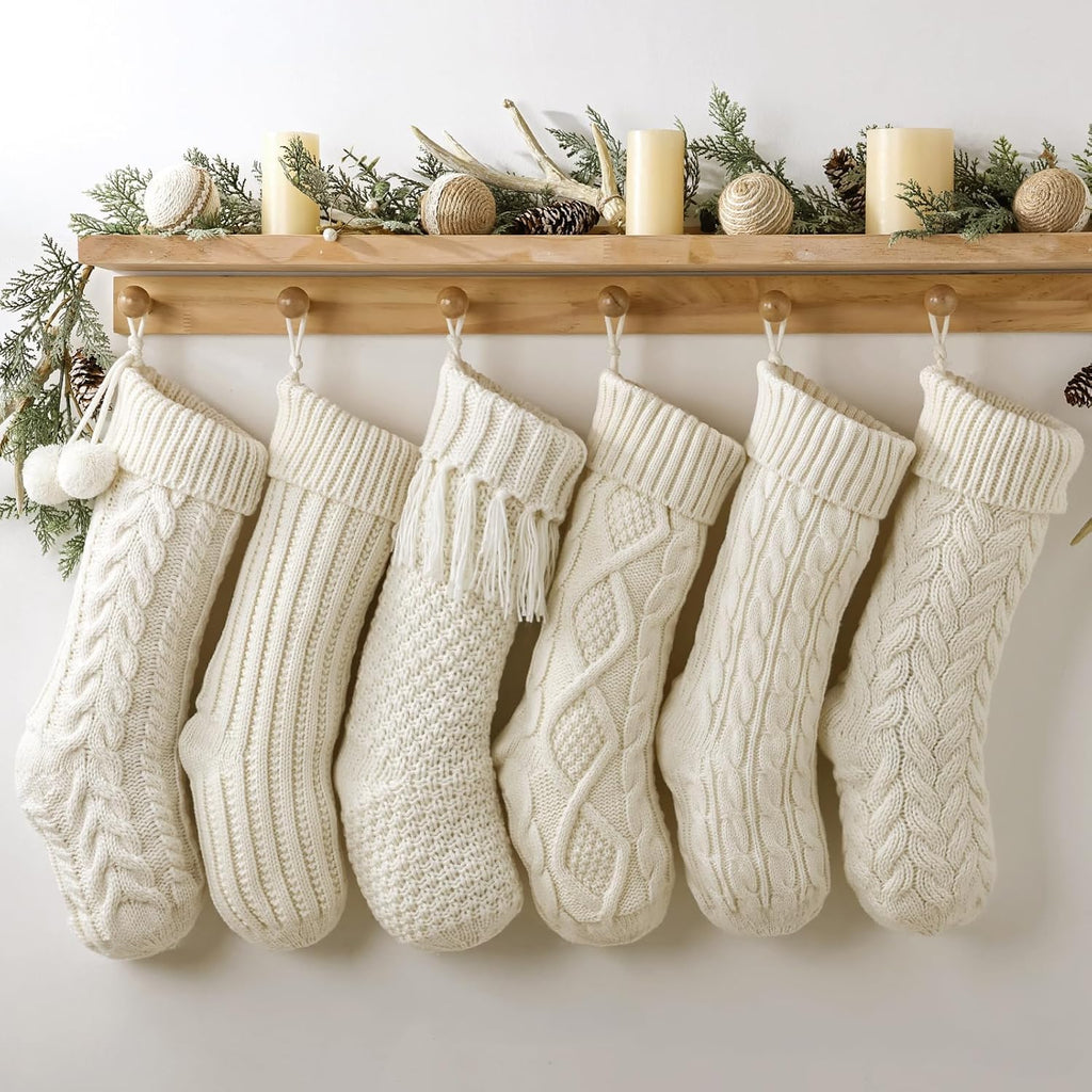 S: 6 Pack 18 Inch Cream White Cable Knit , Rustic Hanging Xmas Stockings Farmhouse Boho Beige Knitted Stockings - Set of 6