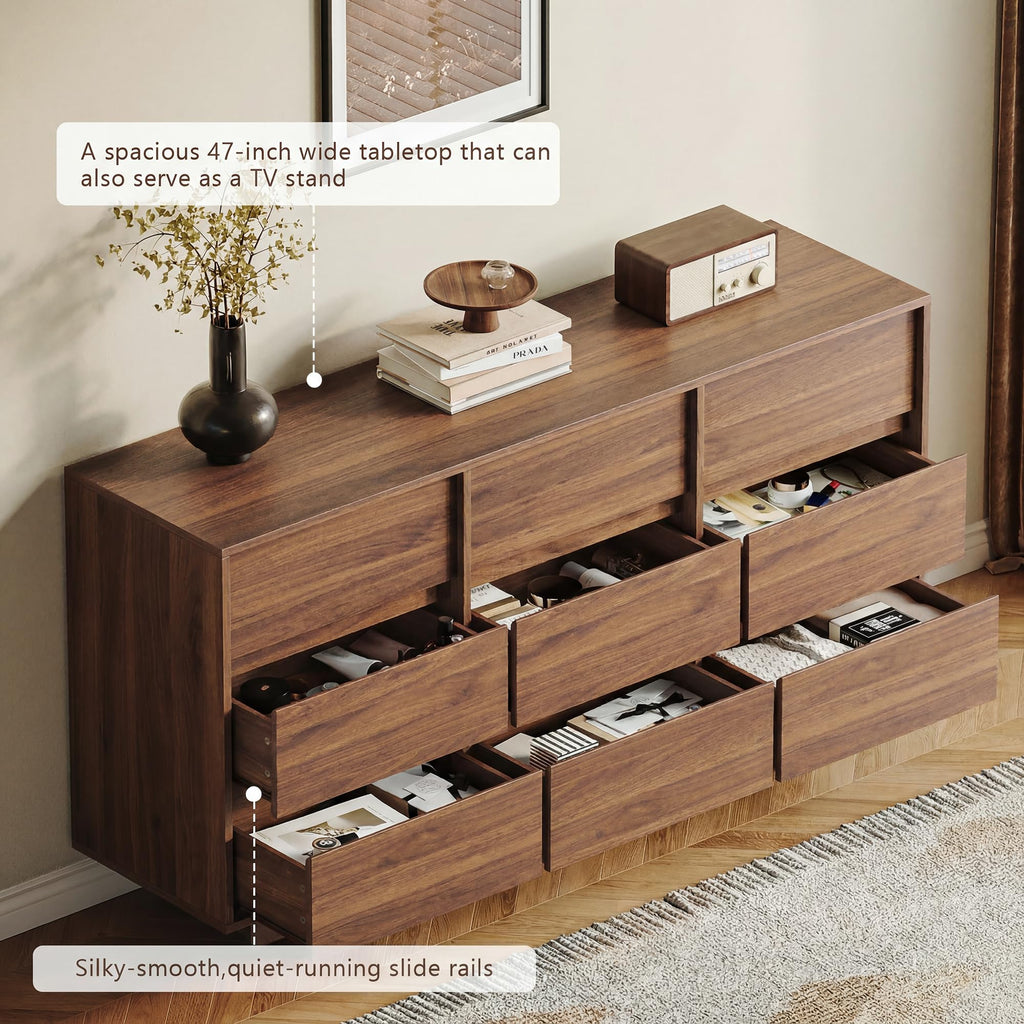 Walnut Dresser, 59in Modern 9 Drawer Chest of Drawers