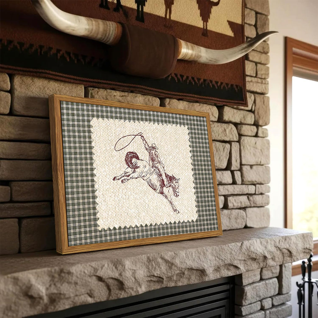 Framed Vintage Western Cowboy Wall Art, Southwestern Horse Rodeo Pictures Wall Decor, Mid Century Modern Green