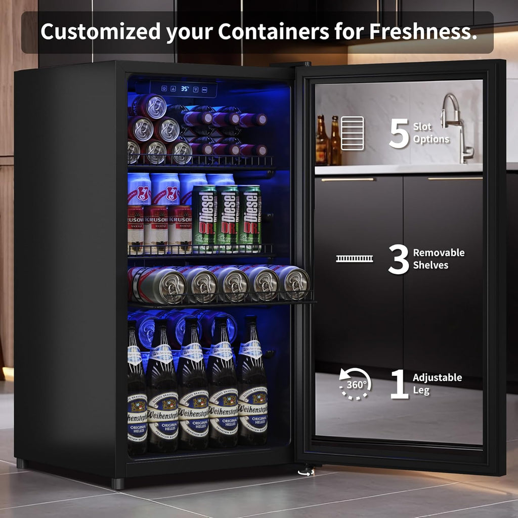 Beverage Fridge, 130 Can Mini Fridge With Glass Door, Beverage Cooler Refrigerat