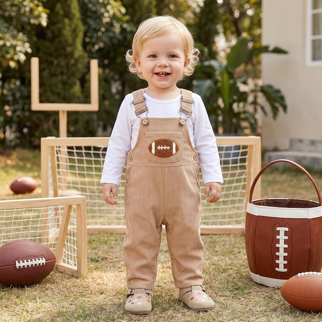 Baby Boy Football Corduroy Overalls Set Long Sleeve Bodysuit Infant Outfit