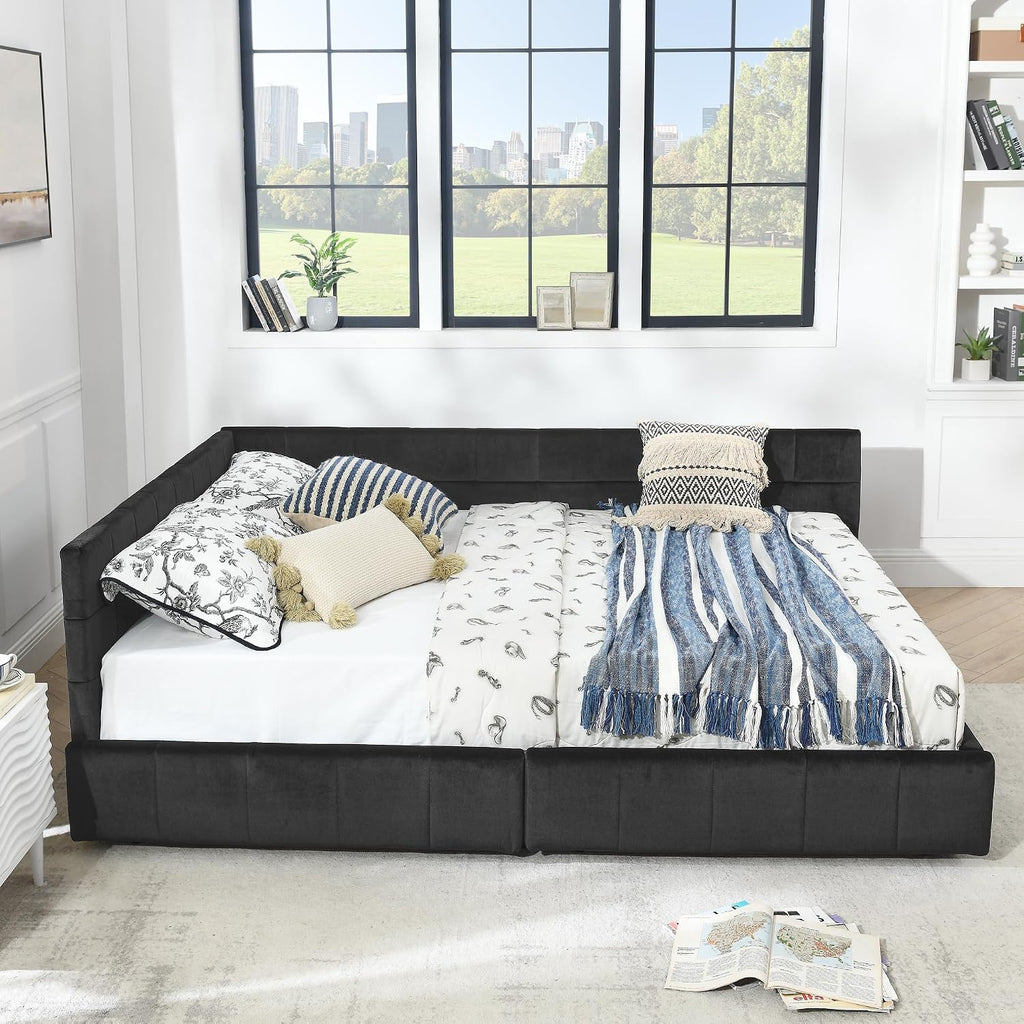 Queen Size Daybed with Storage Drawers, Velevet Upholstered Day Bed Frame with Tufted Backrest and Armrests,Solid