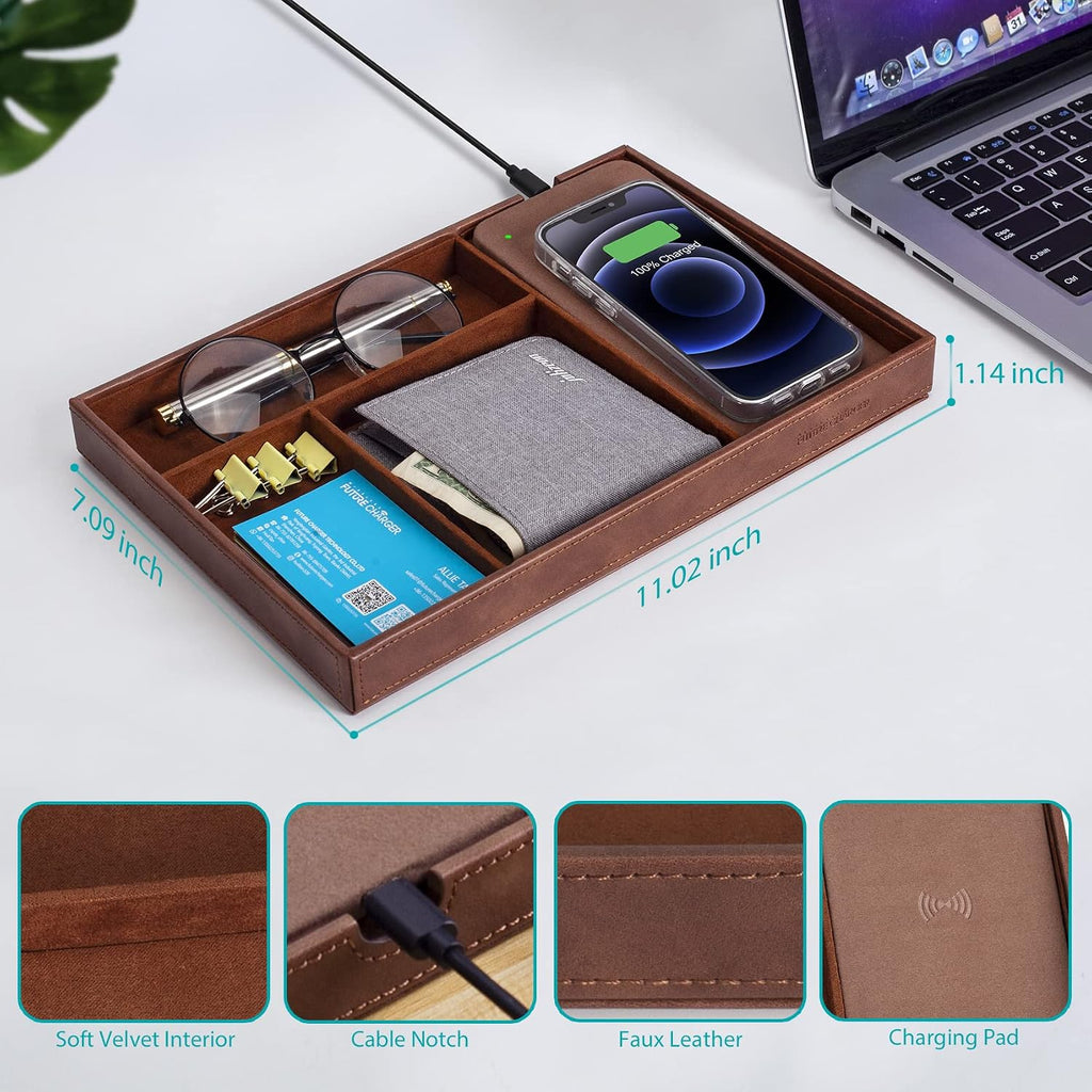 Valet Tray, Built in Wireless Charging Pad, Nightstand Organizer