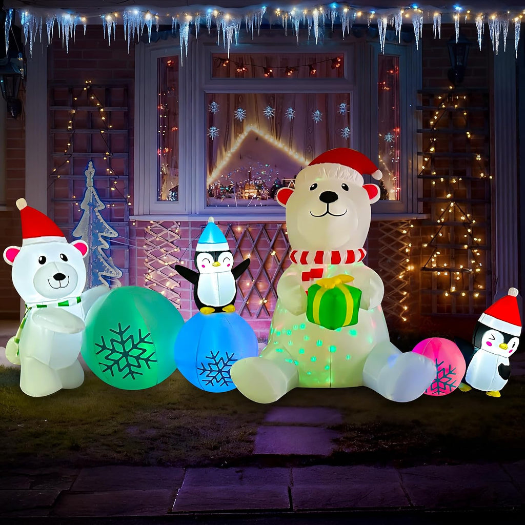 10 FT Long Christmas Inflatable Polar Bear Snowball Decoration, Colorful Rotating Lights Blow Up Xmas Polar Bear with