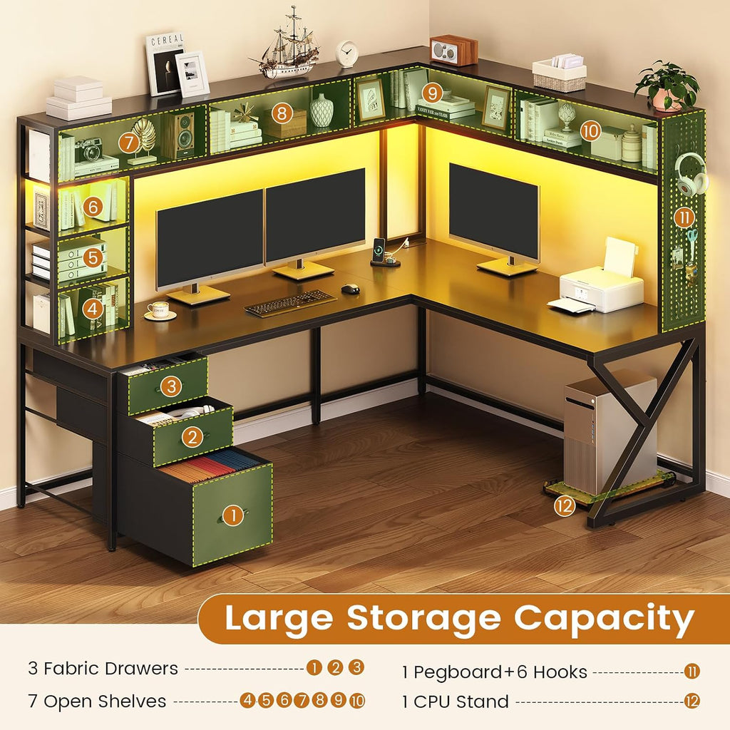 L Shaped Gaming Desk with Storage Shelves, Hutch, Drawers | Convertible 94.5" Computer Desk with Power Outlet, LED