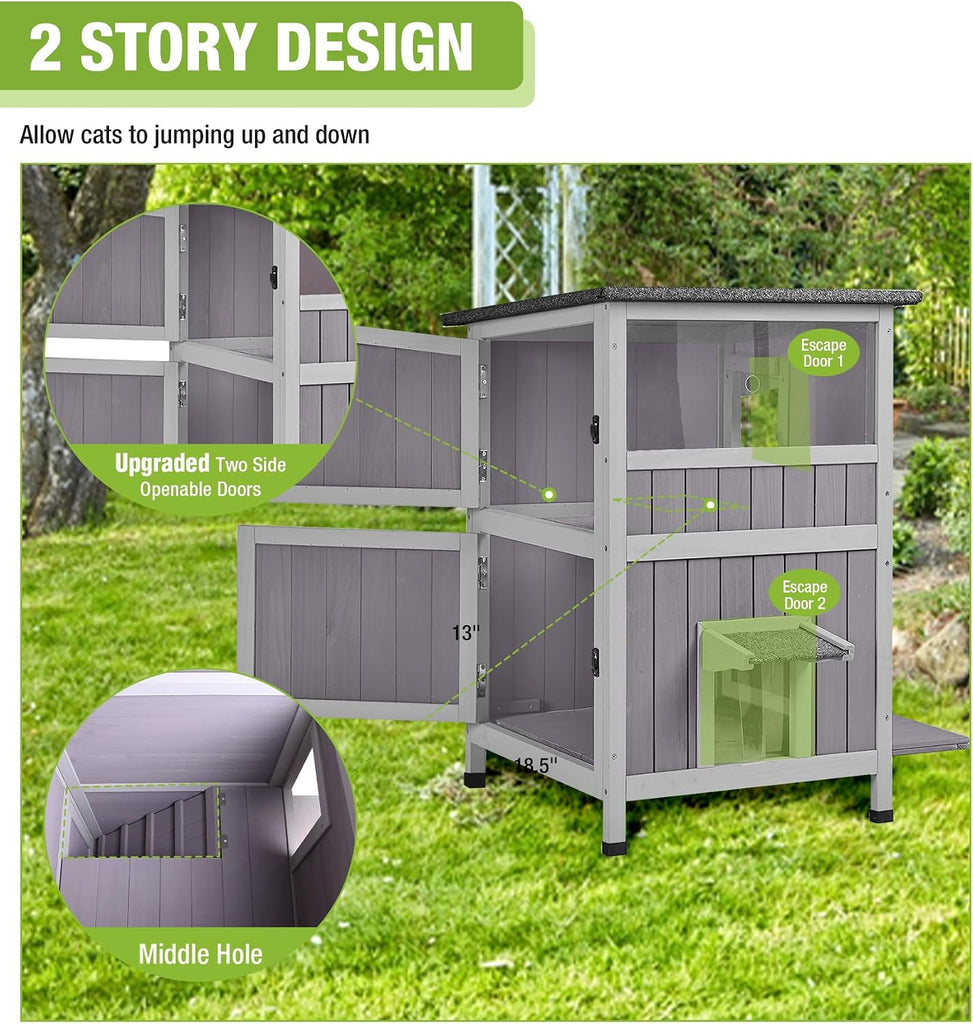 2 Story Wooden Outdoor Cat House Weatherproof with Escape Doors, Openable Roof, Feral Cat Shelter with Elevated Base