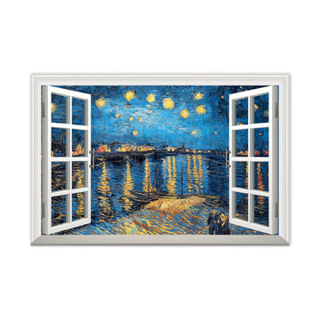 Canvas Print Wall Art-Window View of Van Gogh Oil Painting Framed Artwork Decor - 12x16 Inch (Ready to Hang)
