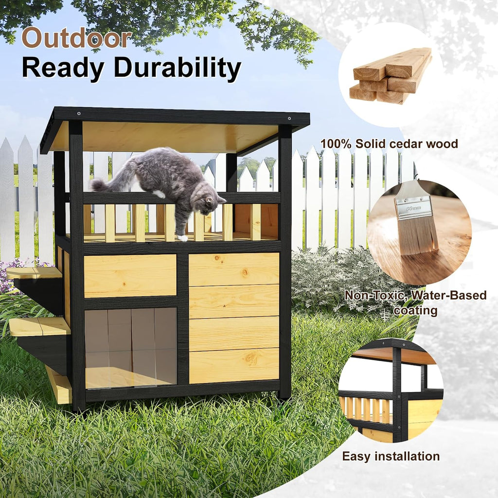 Outdoor Cat House Weatherproof, Outside Two Story Feral Cat Shelter with Escape Door, Scratching Mat, Pull-Out