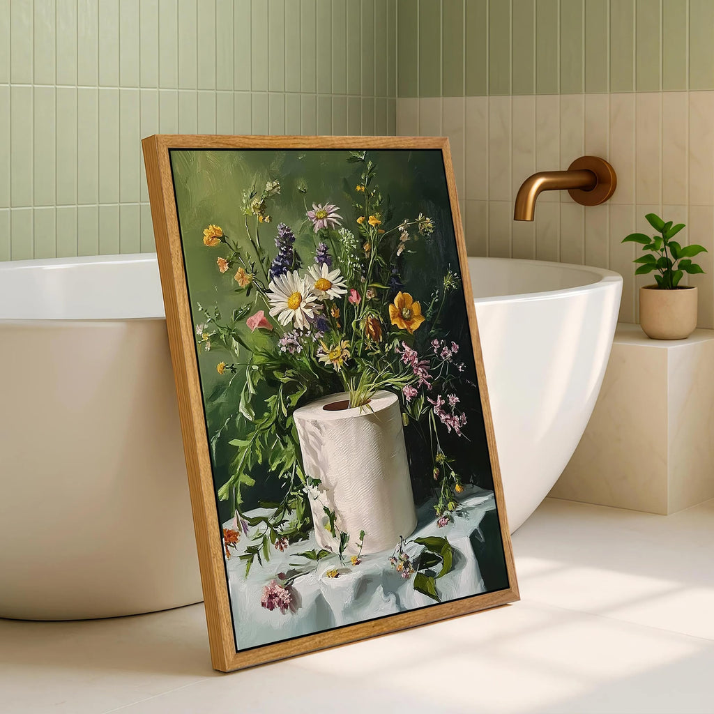 Framed Funny Bathroom Wall Art, 16 * 24 Inches, Toilet Paper Floral Wall Decor, Vintage Botanical Canvas Print