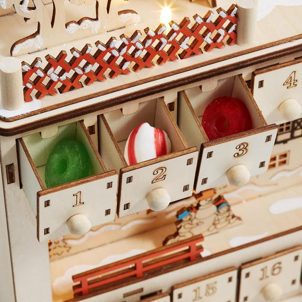 Wooden Christmas Advent Calendar, Pre-Lit with Drawers Holiday Decoration with Shooting Star and LED Light-Up