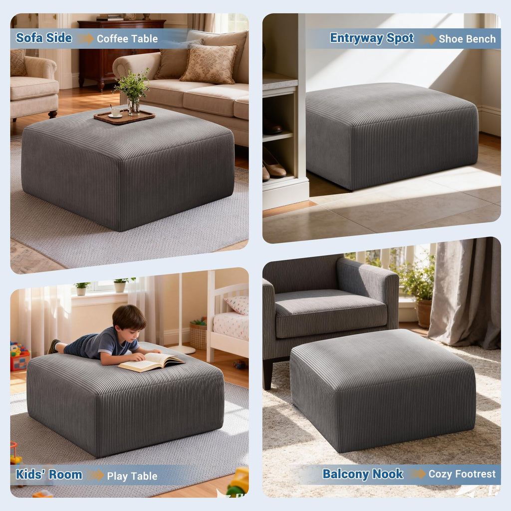 40" Oversized Square Corduroy Ottoman, Large Ottoman Pouf Footstool, Grey