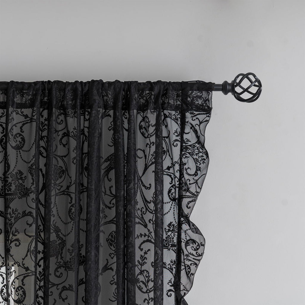 Black Ruffle Curtains 90 Inches Long - Boho Floral Semi Sheer Black Lace Curtains, Old House Tulle Rod Pocket Light