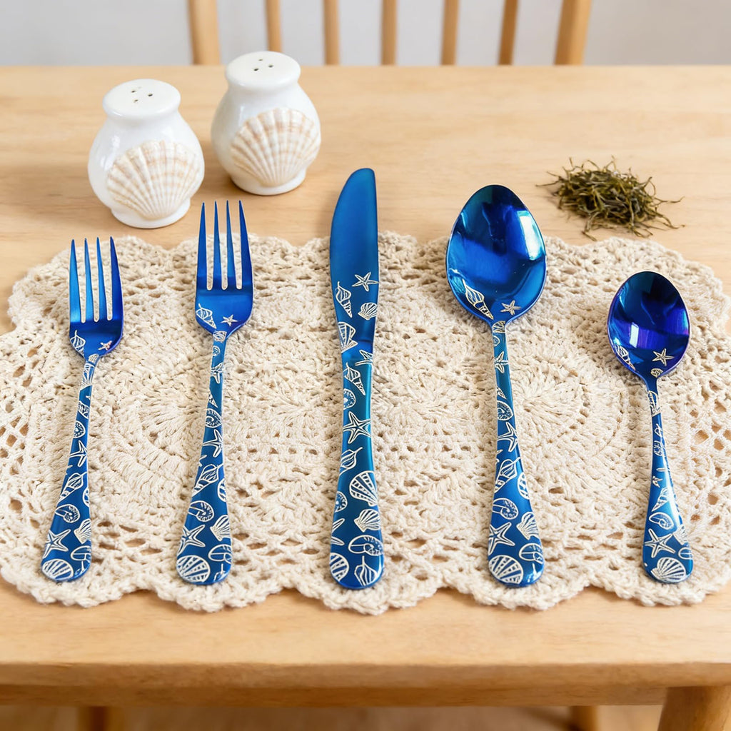 20 Piece Blue Stainless Steel Flatware Set with Seashell and Starfish Pattern, This complete set includes 4 dinner