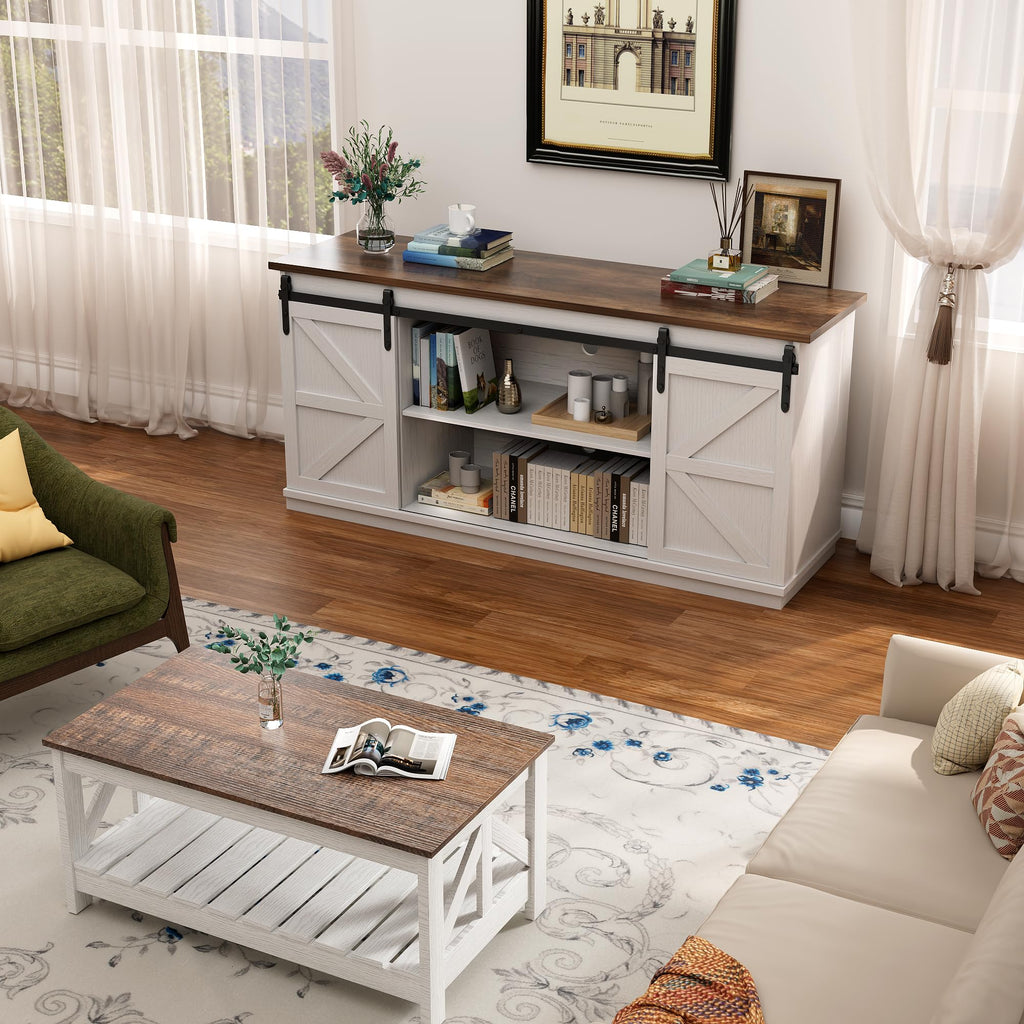 58" Farmhouse TV Stand for TVs up to 65", Sliding Barn Doors, White