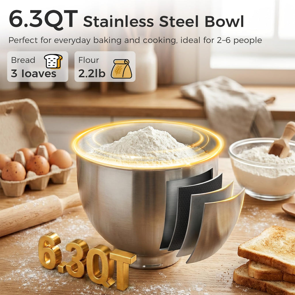 Stand Mixer, 6 Speed Tilt-Head Electric Kitchen Mixer with 6.3QT Bowl